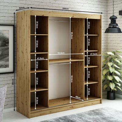 Spiegel-Schwebetürenschrank LURDES 9 – Breite 200 cm, Eiche Artisan / schwarz