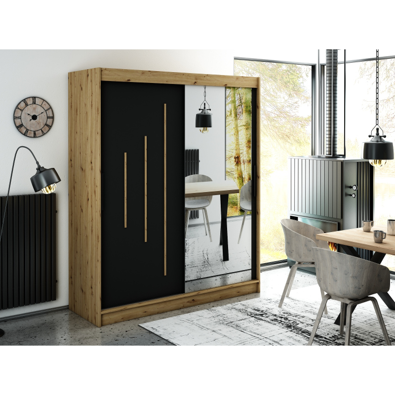 Spiegel-Schwebetürenschrank LURDES 9 – Breite 180 cm, Eiche Artisan / schwarz