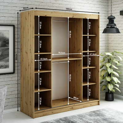 Spiegel-Schwebetürenschrank LURDES 9 – Breite 180 cm, Eiche Artisan / schwarz