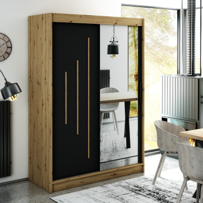 Spiegel-Schwebetürenschrank LURDES 9 – Breite 150 cm, Eiche Artisan / schwarz