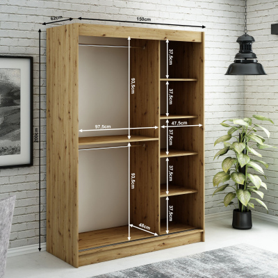 Spiegel-Schwebetürenschrank LURDES 9 – Breite 150 cm, Eiche Artisan / schwarz