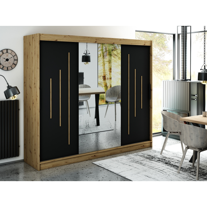 Spiegel-Schwebetürenschrank LURDES 8 – Breite 250 cm, Eiche Artisan / schwarz