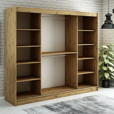 Spiegel-Schwebetürenschrank LURDES 8 – Breite 250 cm, Eiche Artisan / schwarz