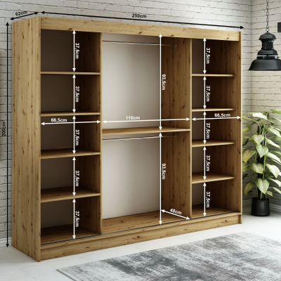 Spiegel-Schwebetürenschrank LURDES 8 – Breite 250 cm, Eiche Artisan / schwarz