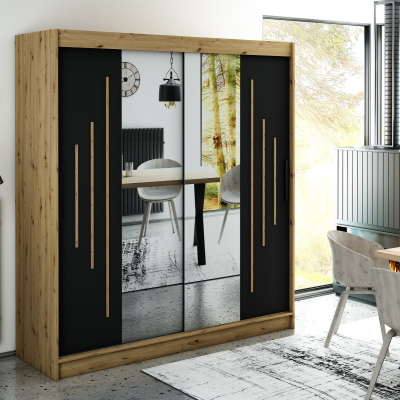 Spiegel-Schwebetürenschrank LURDES 8 – Breite 200 cm, Eiche Artisan / schwarz