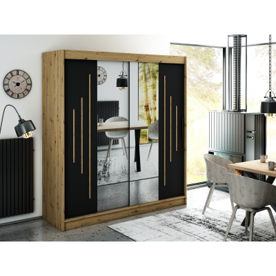 Spiegel-Schwebetürenschrank LURDES 8 – Breite 200 cm, Eiche Artisan / schwarz