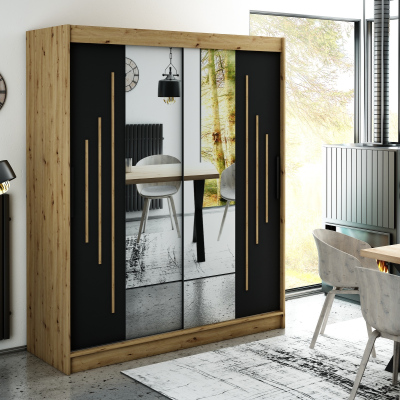 Spiegel-Schwebetürenschrank LURDES 8 – Breite 180 cm, Eiche Artisan / schwarz