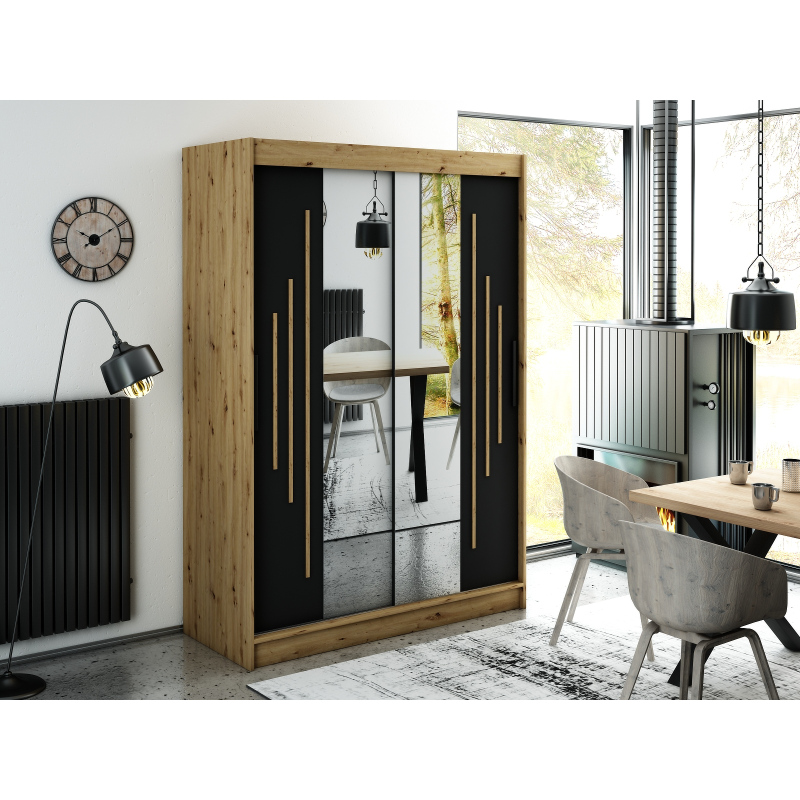 Spiegel-Schwebetürenschrank LURDES 8 – Breite 150 cm, Eiche Artisan / schwarz