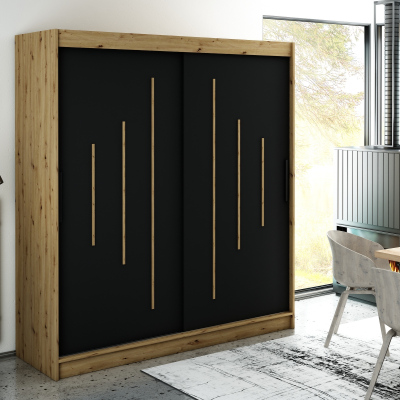 Kleiderschrank mit Schiebetüren LURDES 7 – Breite 200 cm, Eiche artisan / schwarz