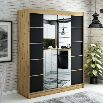 Spiegel-Schwebetürenschrank LURDES 6 – Breite 180 cm, Eiche Artisan / schwarz