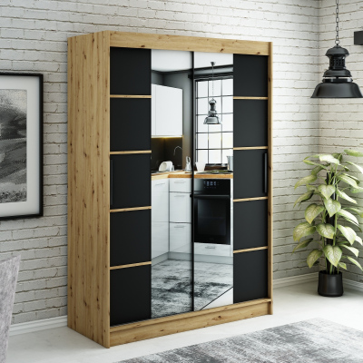 Spiegel-Schwebetürenschrank LURDES 6 – Breite 150 cm, Eiche Artisan / schwarz