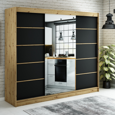 Spiegel-Schwebetürenschrank LURDES 5 – Breite 250 cm, Eiche Artisan / schwarz