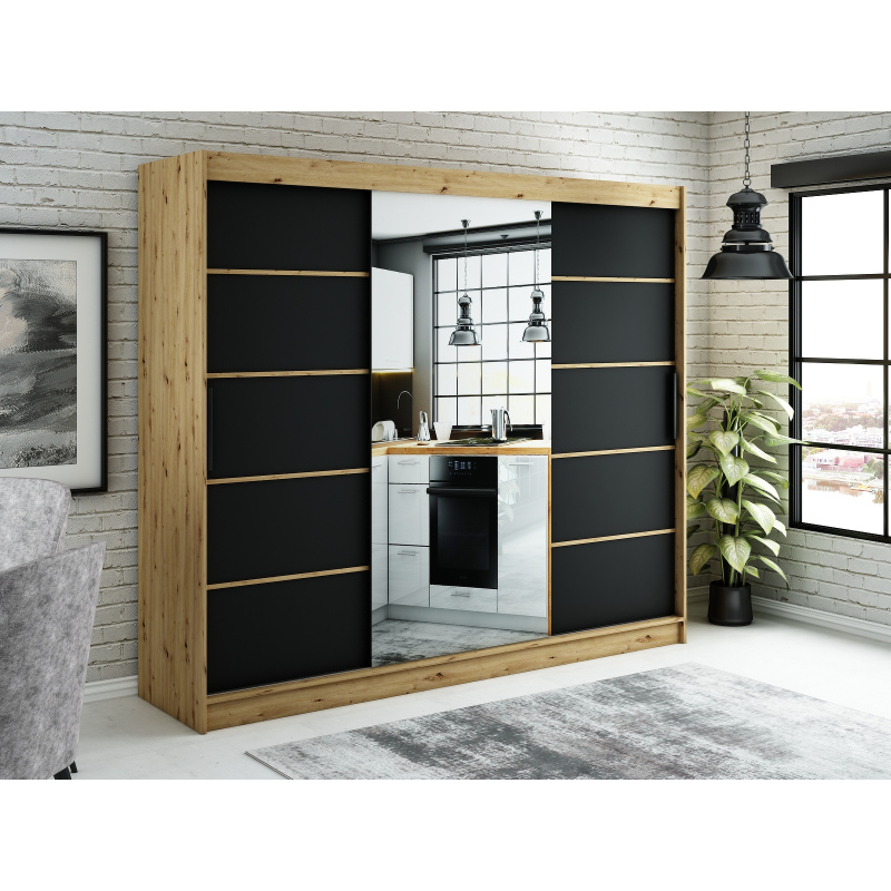 Spiegel-Schwebetürenschrank LURDES 5 – Breite 250 cm, Eiche Artisan / schwarz