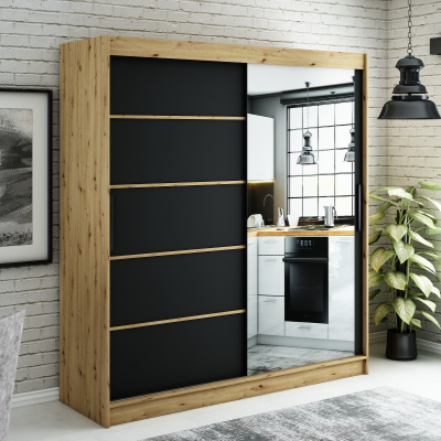 Spiegel-Schwebetürenschrank LURDES 5 – Breite 200 cm, Eiche Artisan / schwarz