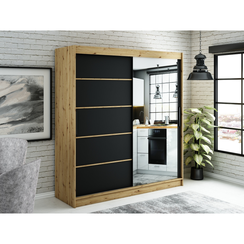 Spiegel-Schwebetürenschrank LURDES 5 – Breite 200 cm, Eiche Artisan / schwarz