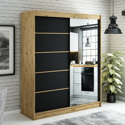 Spiegel-Schwebetürenschrank LURDES 5 – Breite 180 cm, Eiche Artisan / schwarz