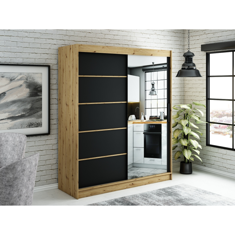 Spiegel-Schwebetürenschrank LURDES 5 – Breite 180 cm, Eiche Artisan / schwarz