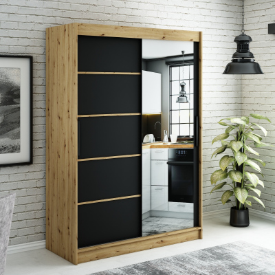 Spiegel-Schwebetürenschrank LURDES 5 – Breite 150 cm, Eiche Artisan / schwarz