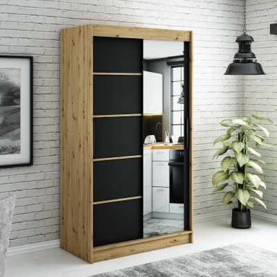 Spiegel-Schwebetürenschrank LURDES 5 – Breite 120 cm, Eiche Artisan / schwarz