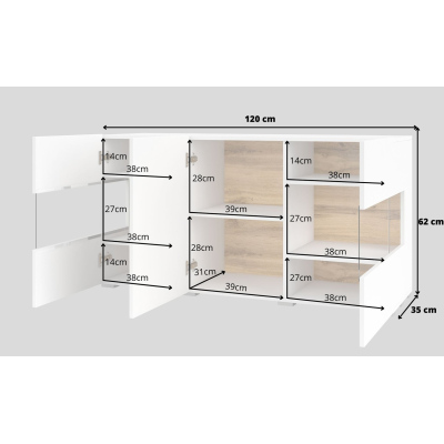 Dreitürige Glaskommode BONA – weiß/Wotan