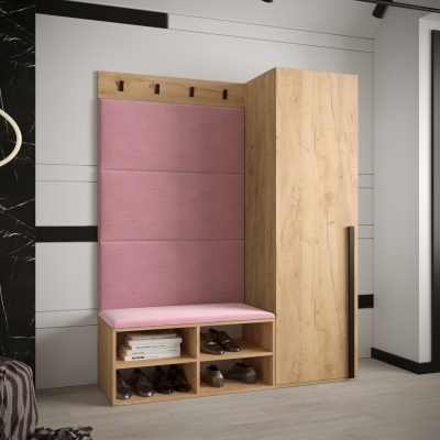 Flurwand mit gepolsterten Paneelen HARRISON – Eiche Gold, rosa Paneele