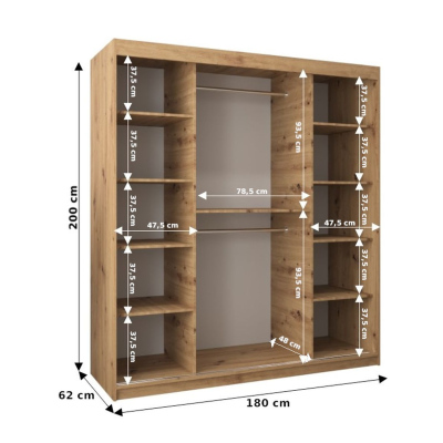 Spiegel-Kleiderschrank ADELA – 180 cm, schwarz / Eiche artisan