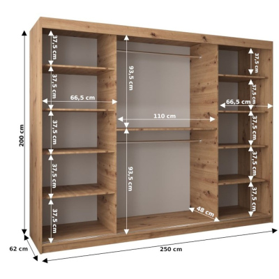 Spiegel-Kleiderschrank ADELA – 250 cm, Eiche artisan / schwarz