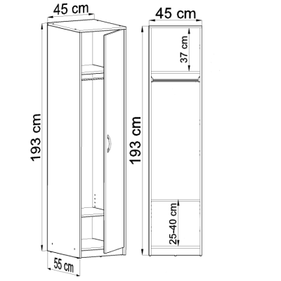 Schmaler Kleiderschrank SIMELA – Breite 45 cm, Eiche Sonoma