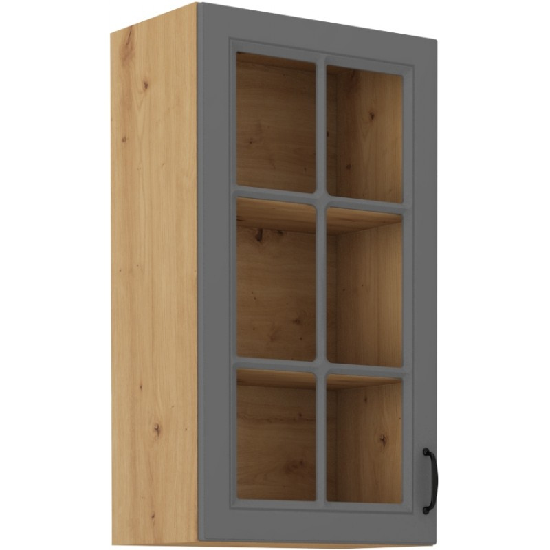 Hoher Vitrinen-Oberschrank SOPHIA – Breite 40 cm, grau / Eiche Artisan