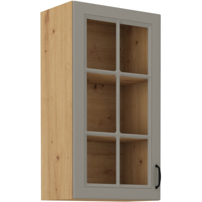 Hoher Vitrinen-Oberschrank SOPHIA – Breite 40 cm, hellgrau / Eiche Artisan