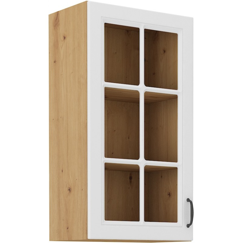 Hoher Vitrnen-Oberschrank SOPHIA – Breite 40 cm, weiß / Eiche Artisan