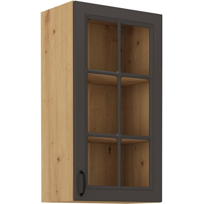 Hoher Vitrinen-Oberschrank SOPHIA – Breite 40 cm, dunkelgrau / Eiche Artisan