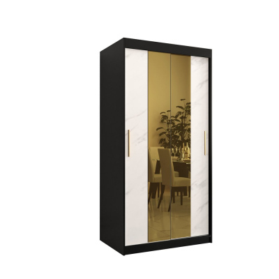 Designer-Kleiderschrank mit goldenem Spiegel MADLA 1 – Breite 100 cm, Schwarz / Weiß