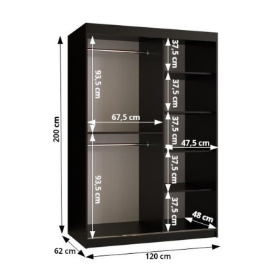 Designer-Kleiderschrank mit goldenem Spiegel MADLA 1 – Breite 120 cm, Weiß / Schwarz