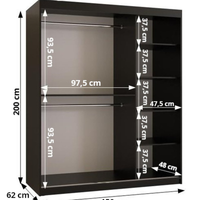 Designer-Kleiderschrank mit goldenem Spiegel MADLA 1 – Breite 150 cm, Schwarz