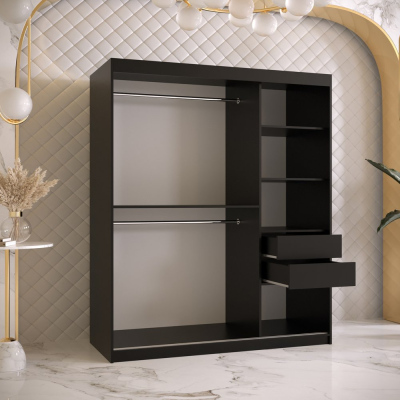 Designer-Kleiderschrank mit goldenem Spiegel MADLA 1 – Breite 150 cm, Schwarz / Weiß