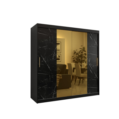 Designer-Kleiderschrank mit goldenem Spiegel MADLA 1 – Breite 200 cm, Schwarz