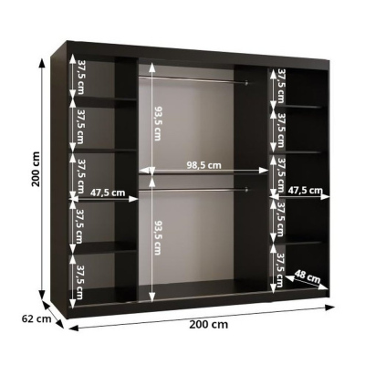 Designer-Kleiderschrank mit goldenem Spiegel MADLA 1 – Breite 200 cm, Schwarz