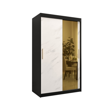 Designer-Kleiderschrank mit goldenem Spiegel MADLA 2 – Breite 120 cm, Schwarz / Weiß