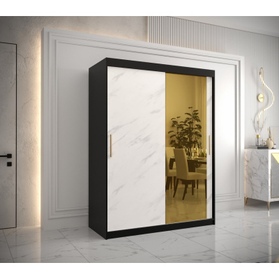 Designer-Kleiderschrank mit goldenem Spiegel MADLA 2 – Breite 150 cm, Schwarz / Weiß