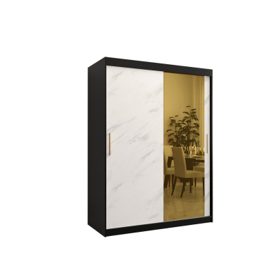 Designer-Kleiderschrank mit goldenem Spiegel MADLA 2 – Breite 150 cm, Schwarz / Weiß