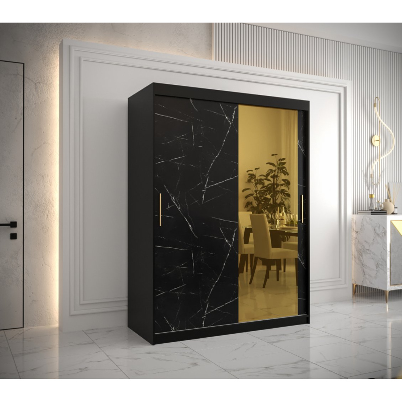 Designer-Kleiderschrank mit goldenem Spiegel MADLA 2 – Breite 150 cm, Schwarz