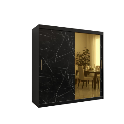 Designer-Kleiderschrank mit goldenem Spiegel MADLA 2 – Breite 200 cm, Schwarz