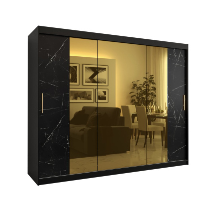 Designer-Kleiderschrank mit goldenem Spiegel MADLA 2 – Breite 250 cm, Schwarz