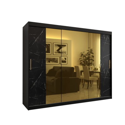 Designer-Kleiderschrank mit goldenem Spiegel MADLA 2 – Breite 250 cm, Schwarz