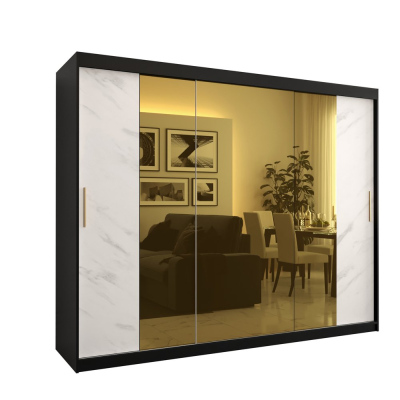 Designer-Kleiderschrank mit goldenem Spiegel MADLA 2 – Breite 250 cm, Schwarz / Weiß