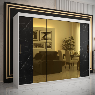 Designer-Kleiderschrank mit goldenem Spiegel MADLA 2 – Breite 250 cm, Weiß / Schwarz