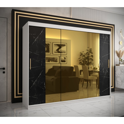 Designer-Kleiderschrank mit goldenem Spiegel MADLA 2 – Breite 250 cm, Weiß / Schwarz