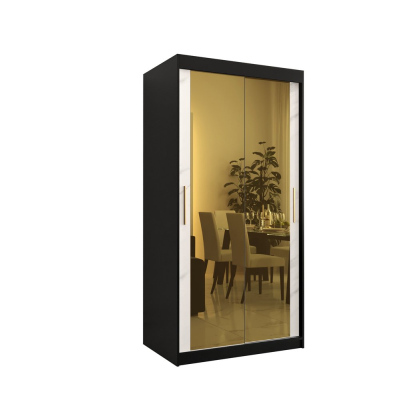 Designer-Kleiderschrank mit goldenem Spiegel MADLA 3 – Breite 100 cm, Schwarz / Weiß