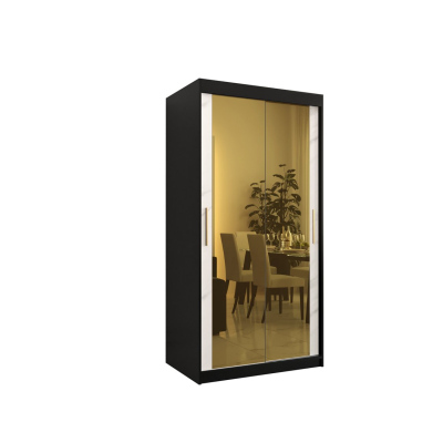 Designer-Kleiderschrank mit goldenem Spiegel MADLA 3 – Breite 100 cm, Schwarz / Weiß